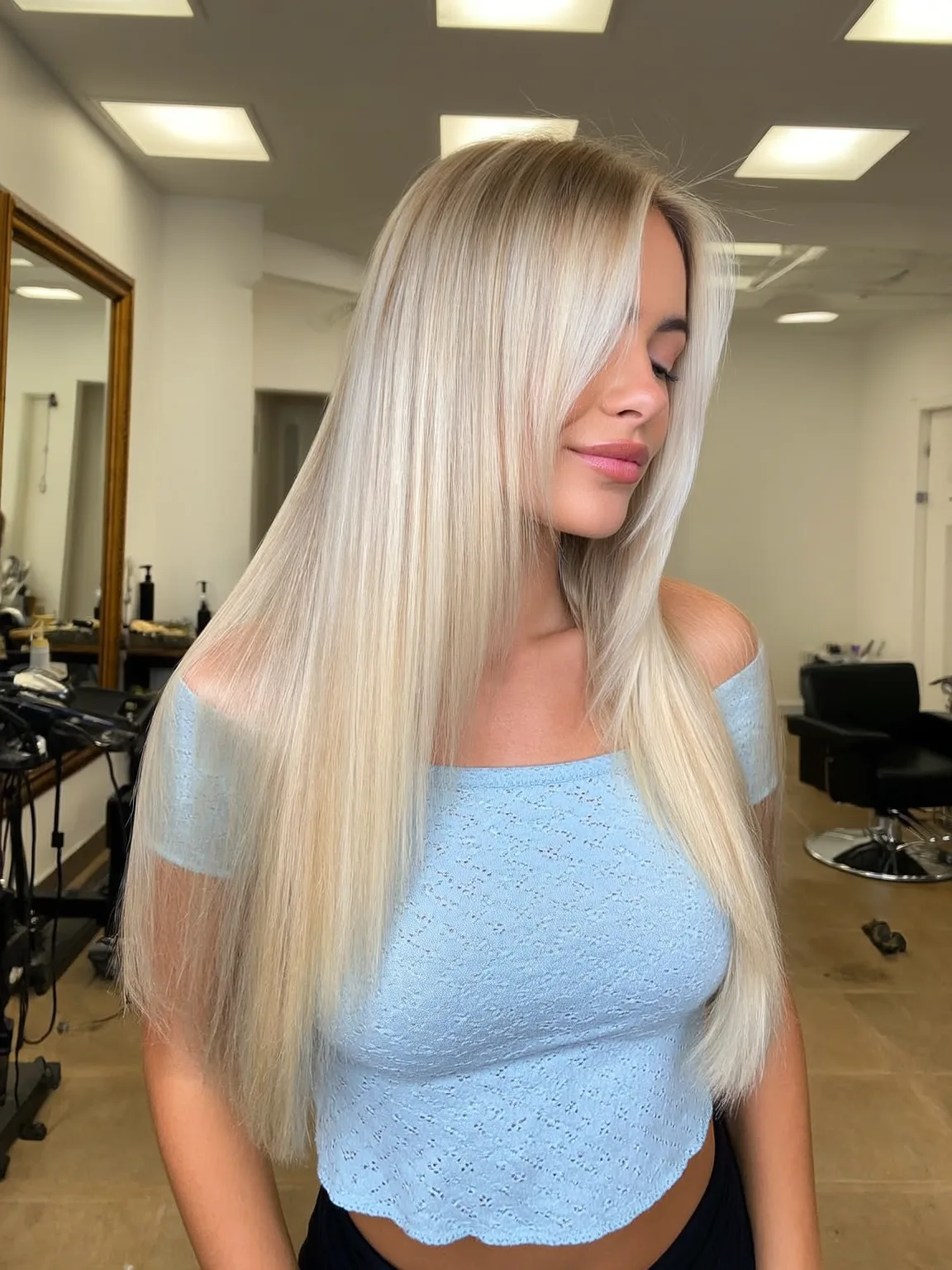 Classic Long Platinum Layers with Side-Swept Bangs
